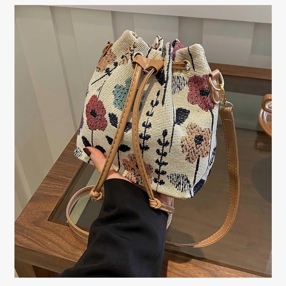 🆕 Floral Woven Drawstring Bucket Bag - Beige/Tan - Picture 2 of 7